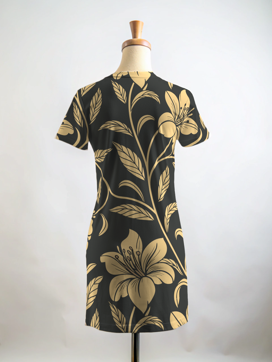 Vintage Black Gold Floral Print T Shirt Dress