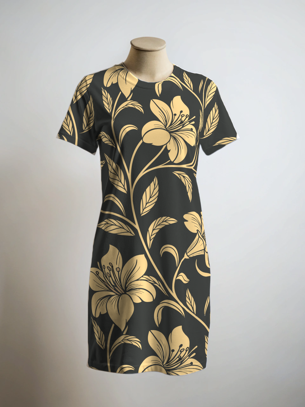 Vintage Black Gold Floral Print T Shirt Dress