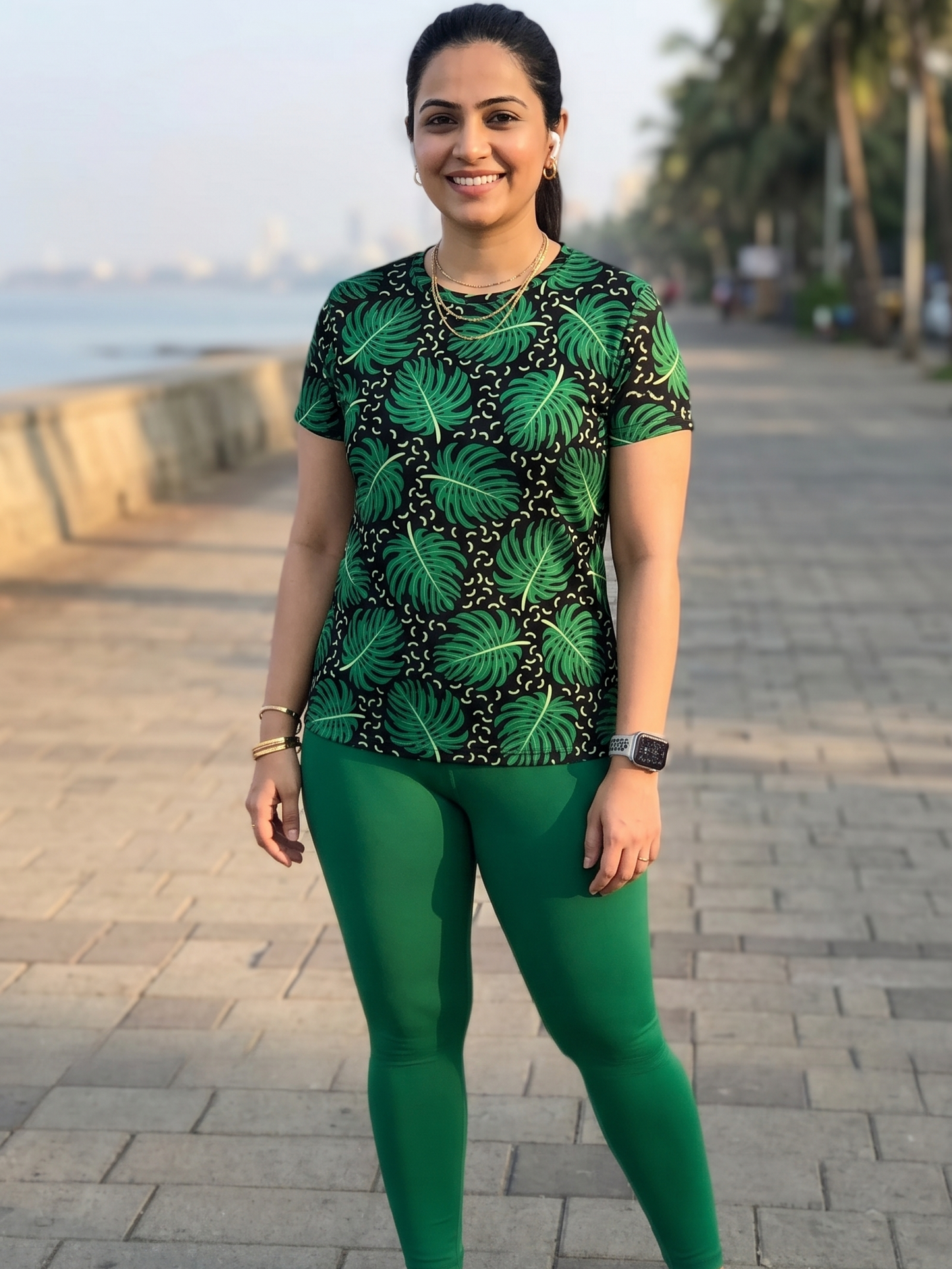 Nature Inspired Leaf Print | Activewear Coord Set Tshirt With Tummy Tuck Green Leggings | Multi Sport | Odour Free