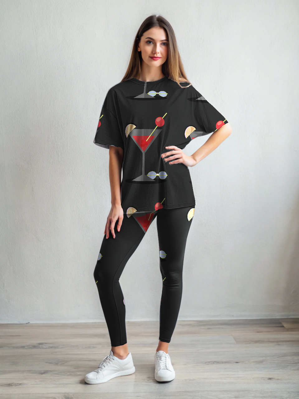 Premium Comfort Wear Martini Print Oversized Tee With Leggings Set