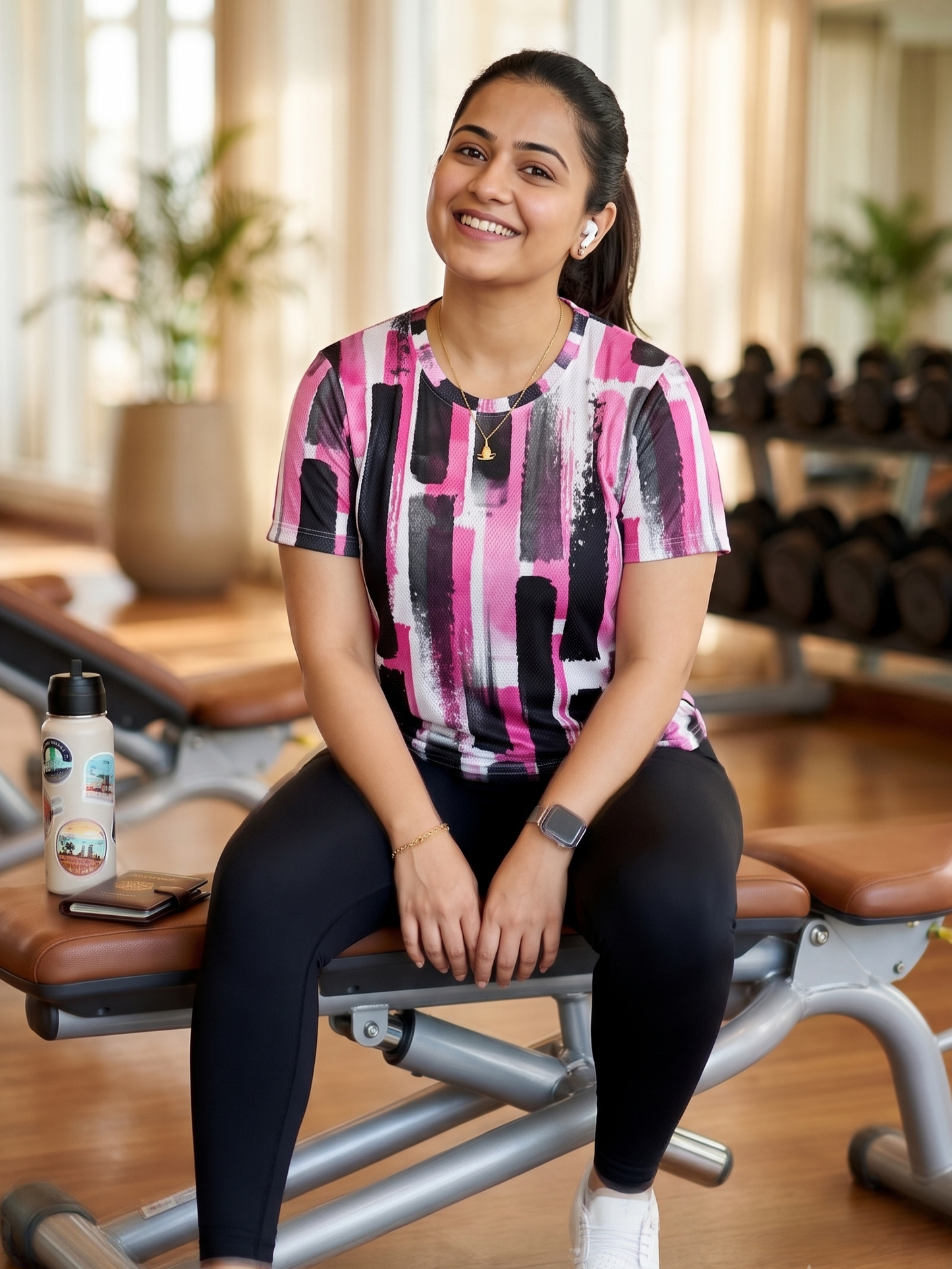 Smart Stroke Style Print | Activewear Coord Set Tshirt With Tummy Tuck Black Leggings | Multi Sport | Odour Free