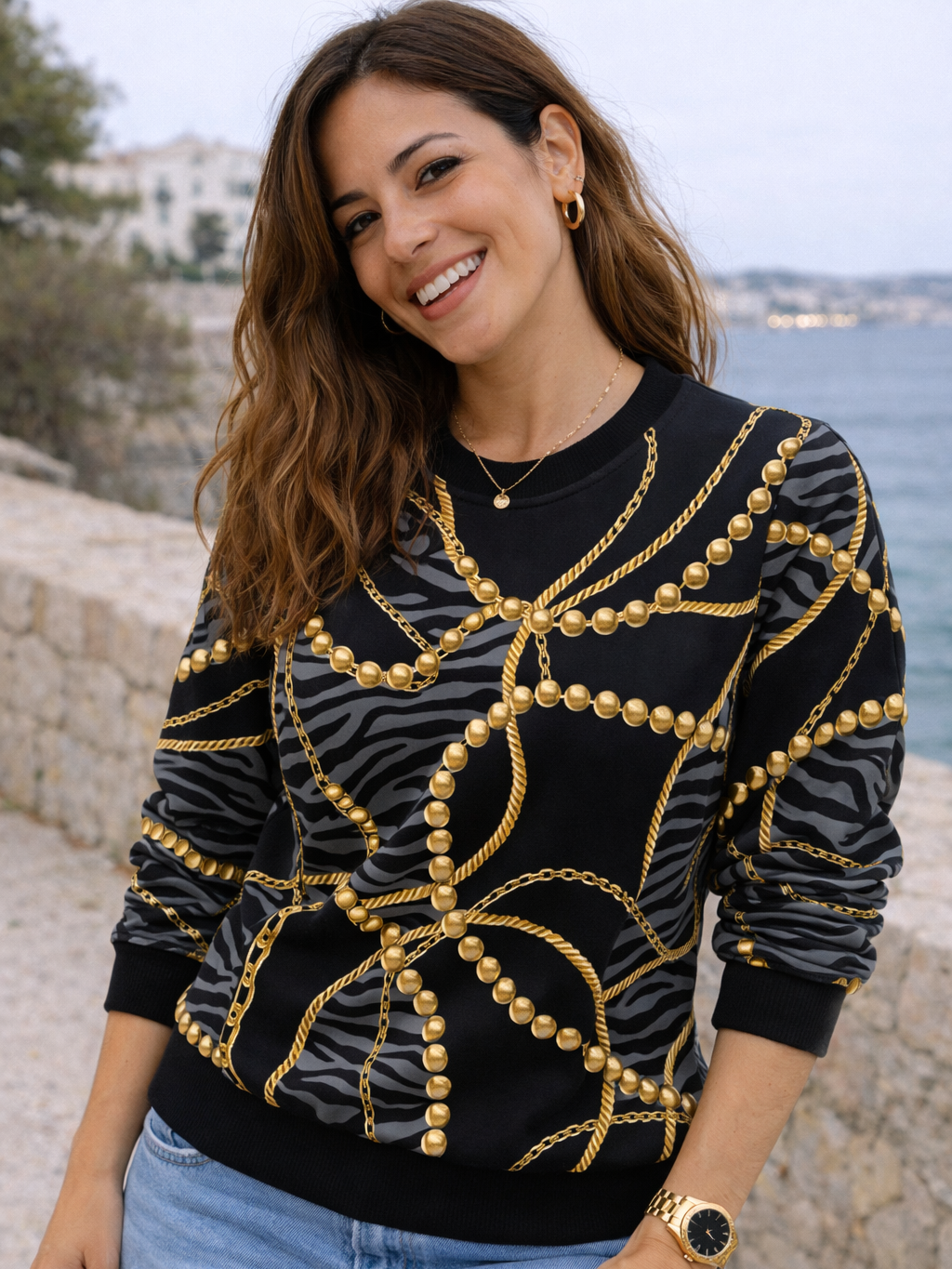 Exclusive Tiger Print With Pearls Black Sweatshirt