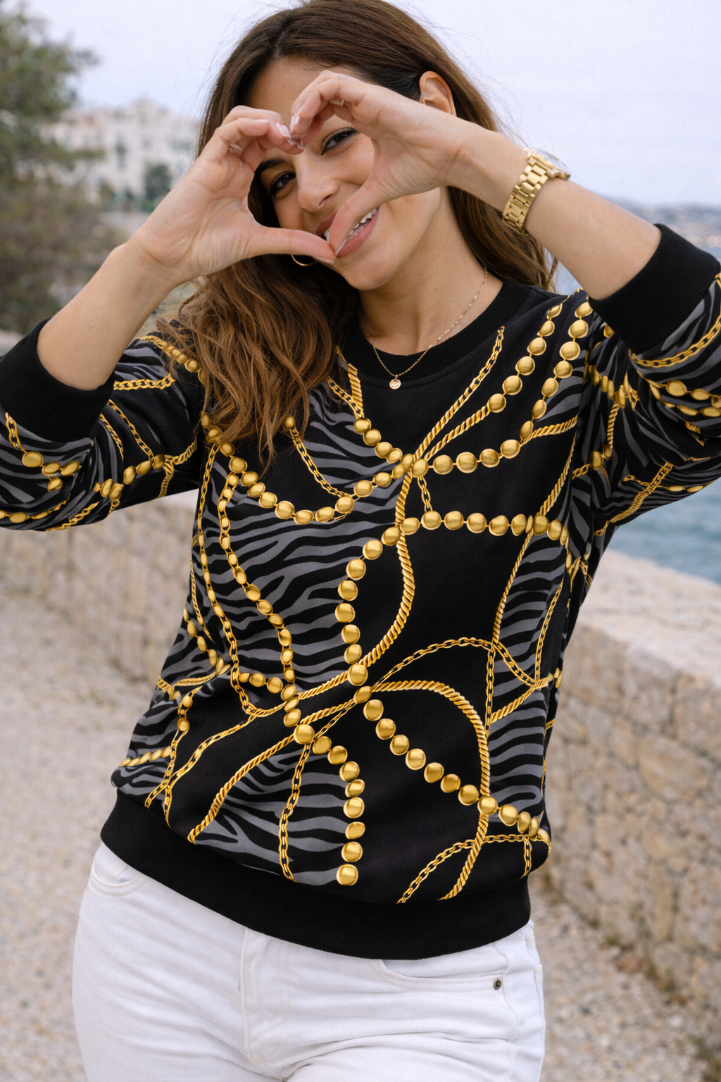 Exclusive Tiger Print With Pearls Black Sweatshirt