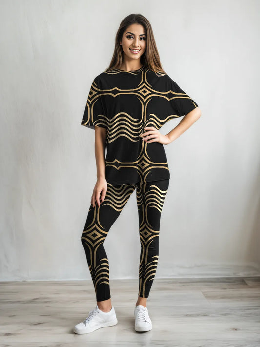 Comfort Wear Wavy Print Oversized Tee With Tummy Tuck Body Shaping Leggings Co-ord Set
