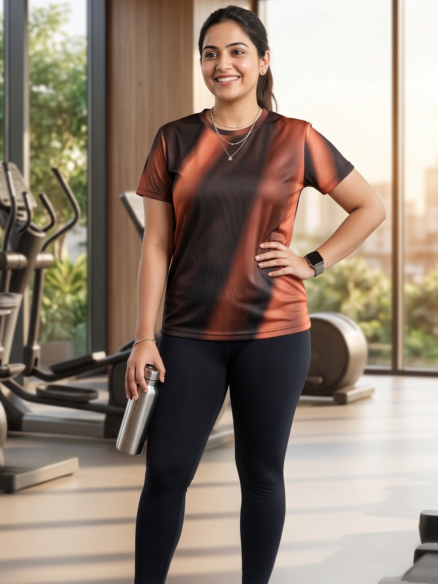 Stylish Rays Print | Activewear Coord Set Tshirt With Tummy Tuck Black Leggings | Multi Sport | Odour Free
