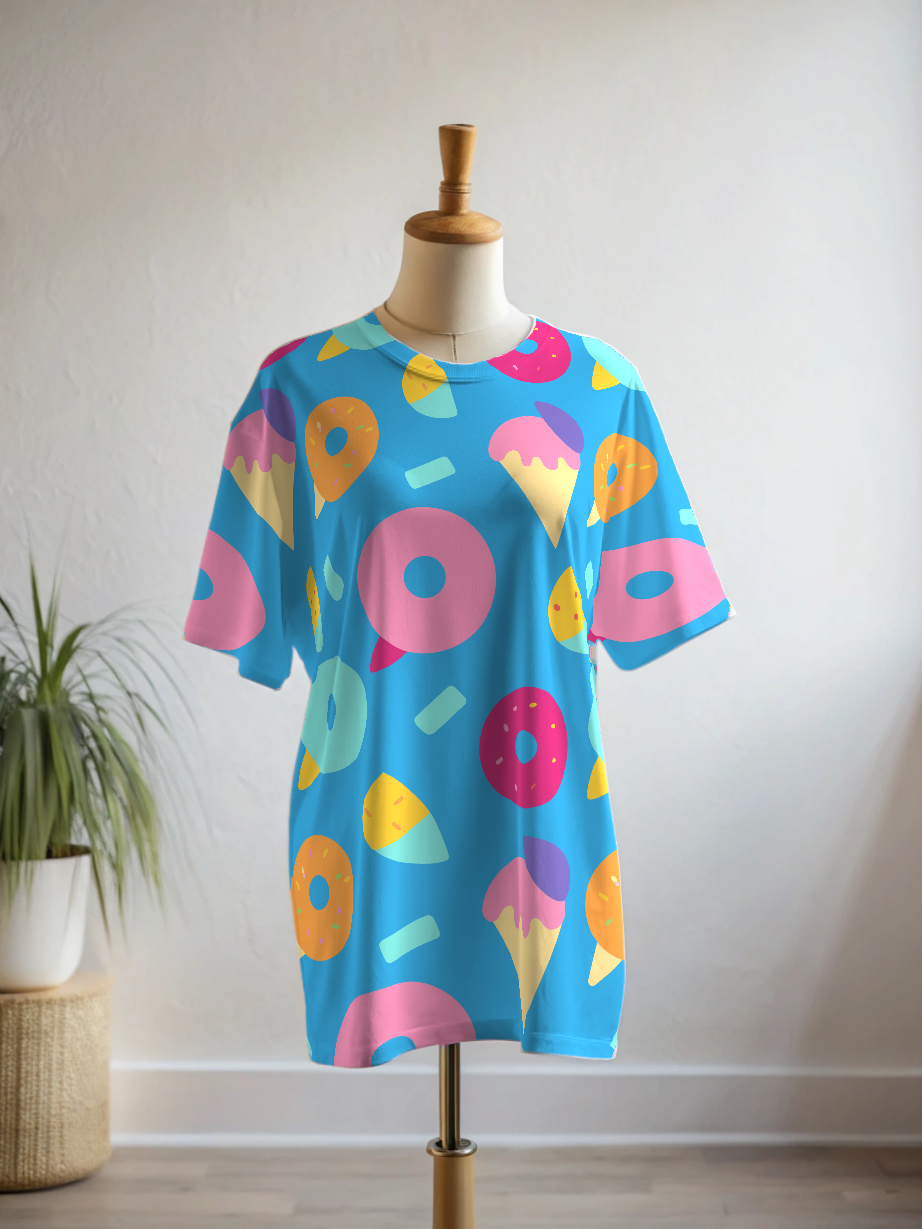 Yummy Donuts Ice-cream  Print Premium Oversized Tee With Blue Leggings Set