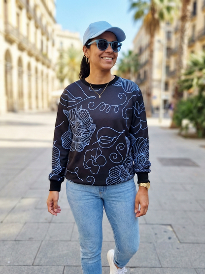 Fresh Floral Print Blue Sweatshirt