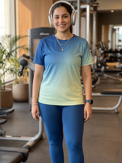 Trending Gradient Print | Activewear Coord Set Tshirt With Tummy Tuck Blue Leggings | Multi Sport | Odour Free