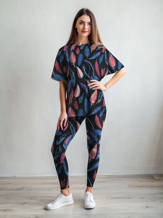 Serene Feather Print Premium Oversized Tee With Blue Leggings Set