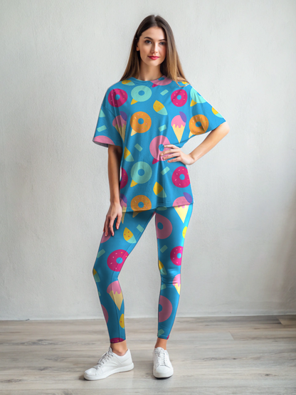 Yummy Donuts Ice-cream  Print Premium Oversized Tee With Blue Leggings Set