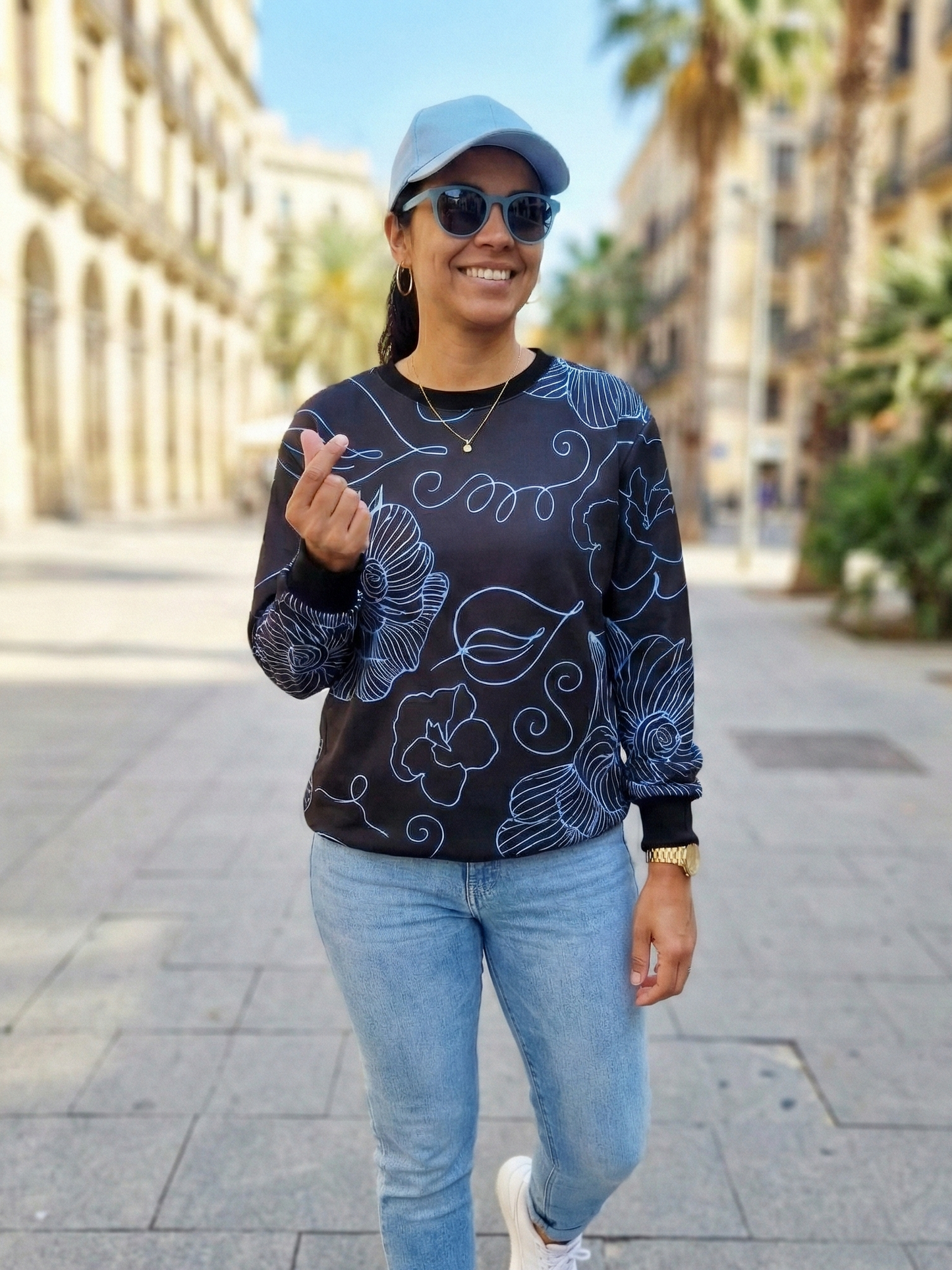 Fresh Floral Print Blue Sweatshirt