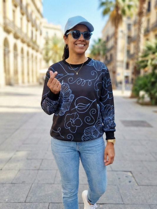 Fresh Floral Print Blue Sweatshirt