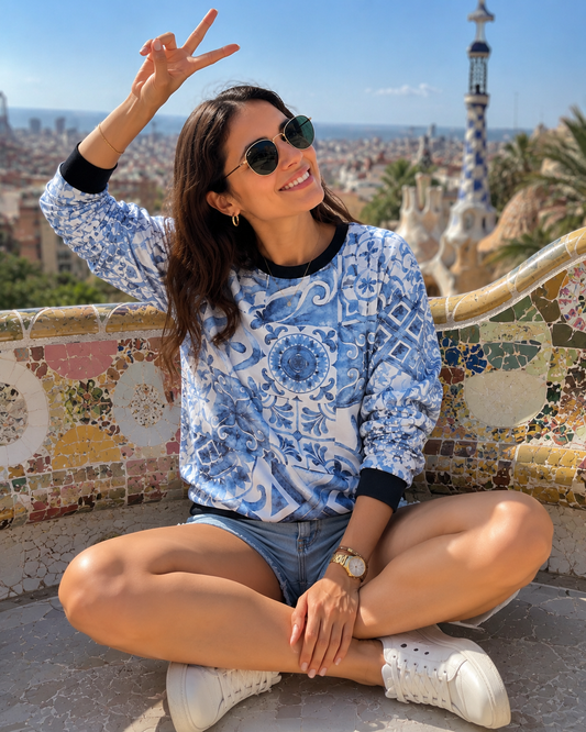Classy Mosaic Print Blue Sweatshirt