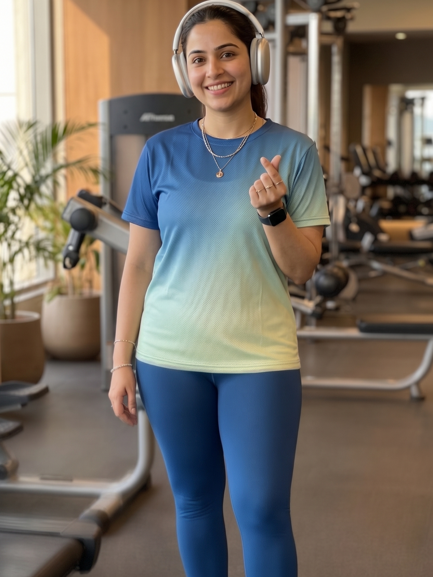 Trending Gradient Print | Activewear Coord Set Tshirt With Tummy Tuck Blue Leggings | Multi Sport | Odour Free
