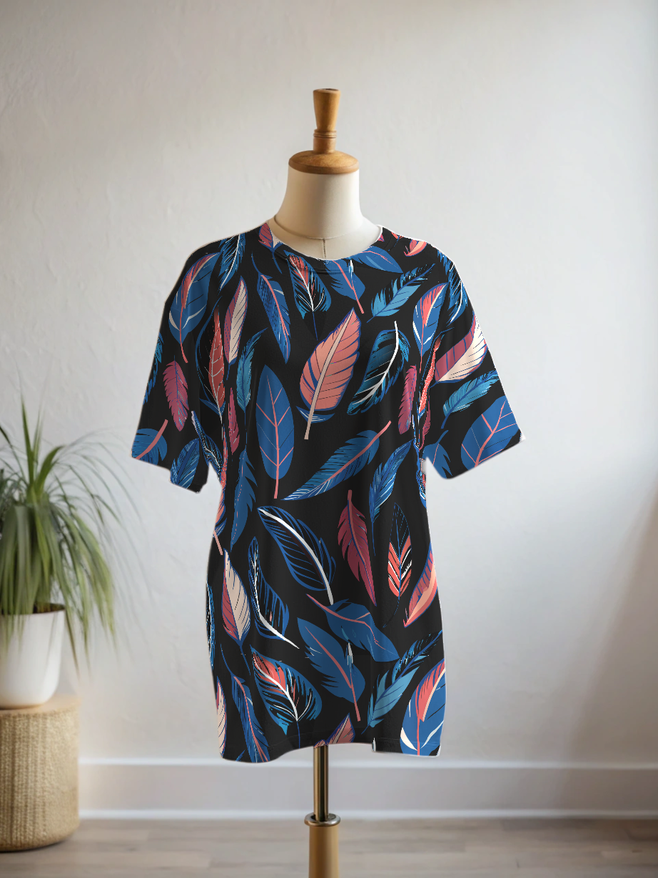 Serene Feather Print Premium Oversized Tee With Tummy Tuck Body Shaping Leggings Co-ord Set