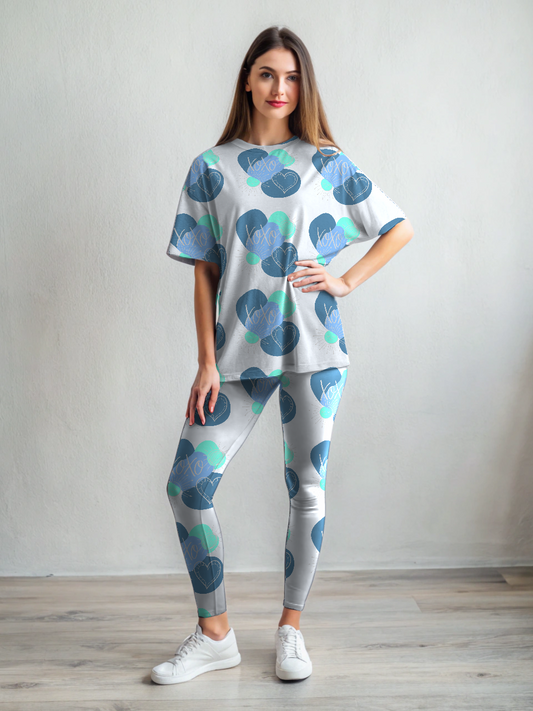 Sweet XOXO Print Premium Oversized Tee With Tummy Tuck Body Shaping Leggings Co-ord Set