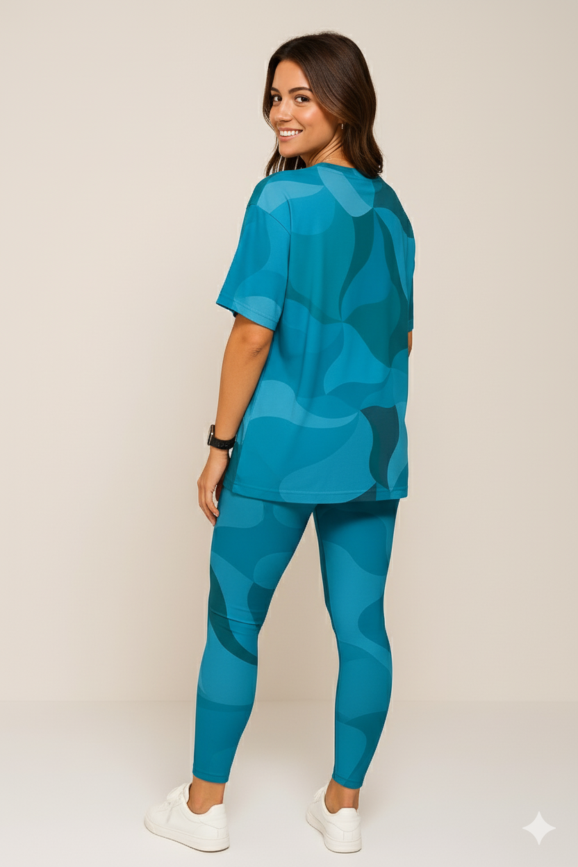 Fashionable Blue Camouflague Print Premium Oversized Tee With Tummy Tuck Body Shaping Leggings Co-ord Set