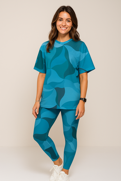Fashionable Blue Camouflague Print Premium Oversized Tee With Tummy Tuck Body Shaping Leggings Co-ord Set