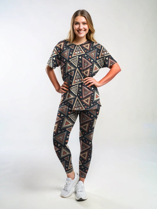 Attractive Egyptian Brown Print Premium Oversized Tee With Tummy Tuck Body Shaping Leggings Co-ord Set - Ships in 24 Hrs