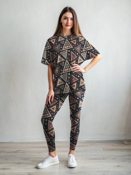 Attractive Egyptian Brown Print Premium Oversized Tee With Tummy Tuck Body Shaping Leggings Co-ord Set