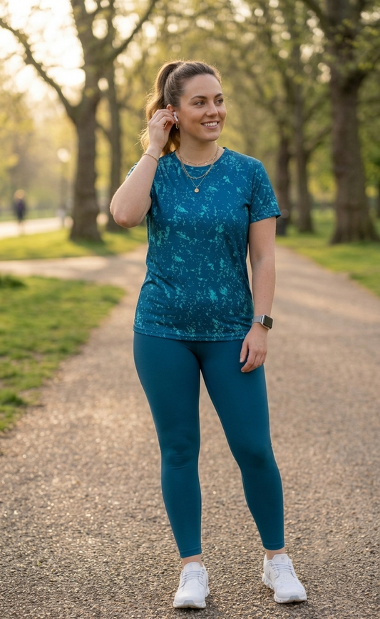 Casual Spray Print | Activewear Coord Set Tshirt With Tummy Tuck Blue Leggings | Multi Sport | Odour Free