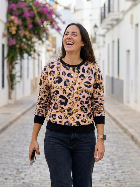 Chic Cheetah Print With Pearls Pink Sweatshirt