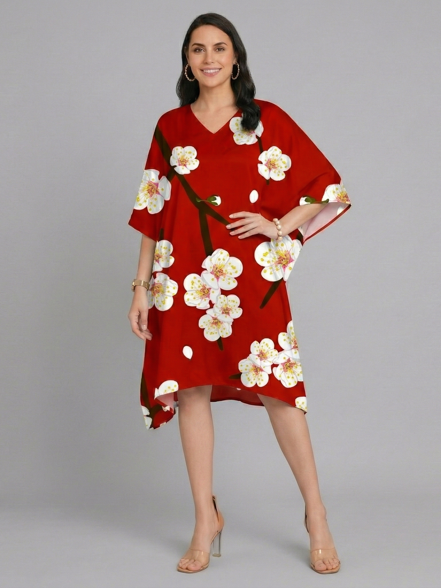Charming Cherry Blossom Print Red Kaftan Dress