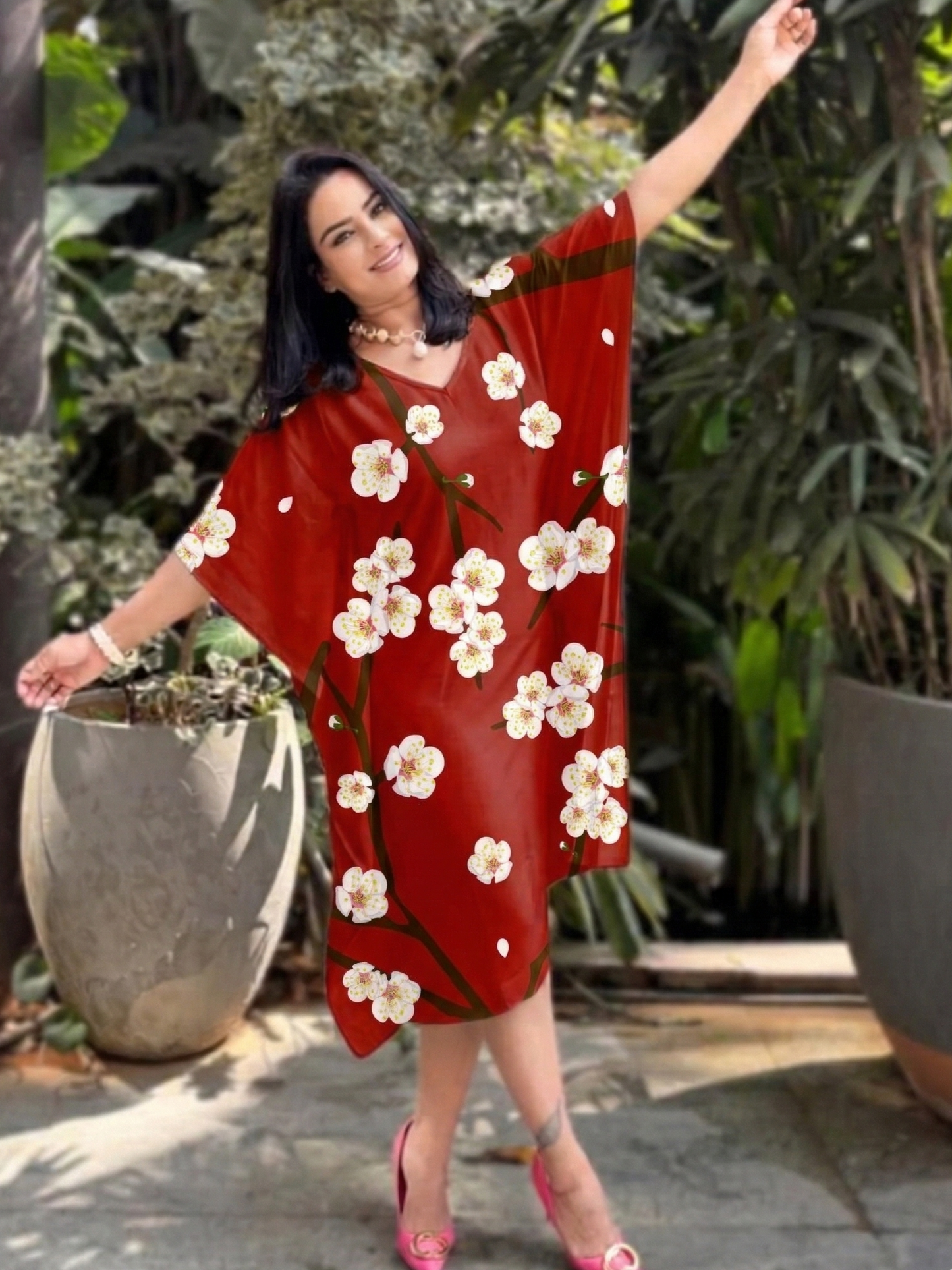 Charming Cherry Blossom Print Red Kaftan Dress