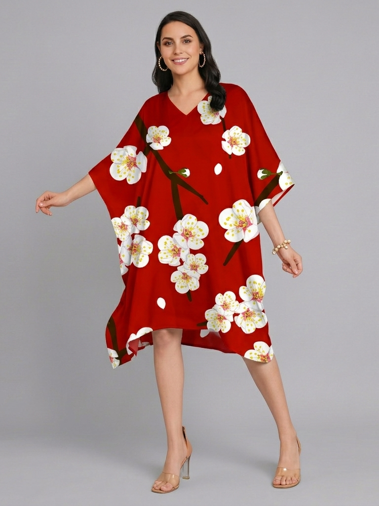 Charming Cherry Blossom Print Red Kaftan Dress