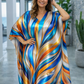 Elegant Abstract Feather Print Blue Kaftan Dress