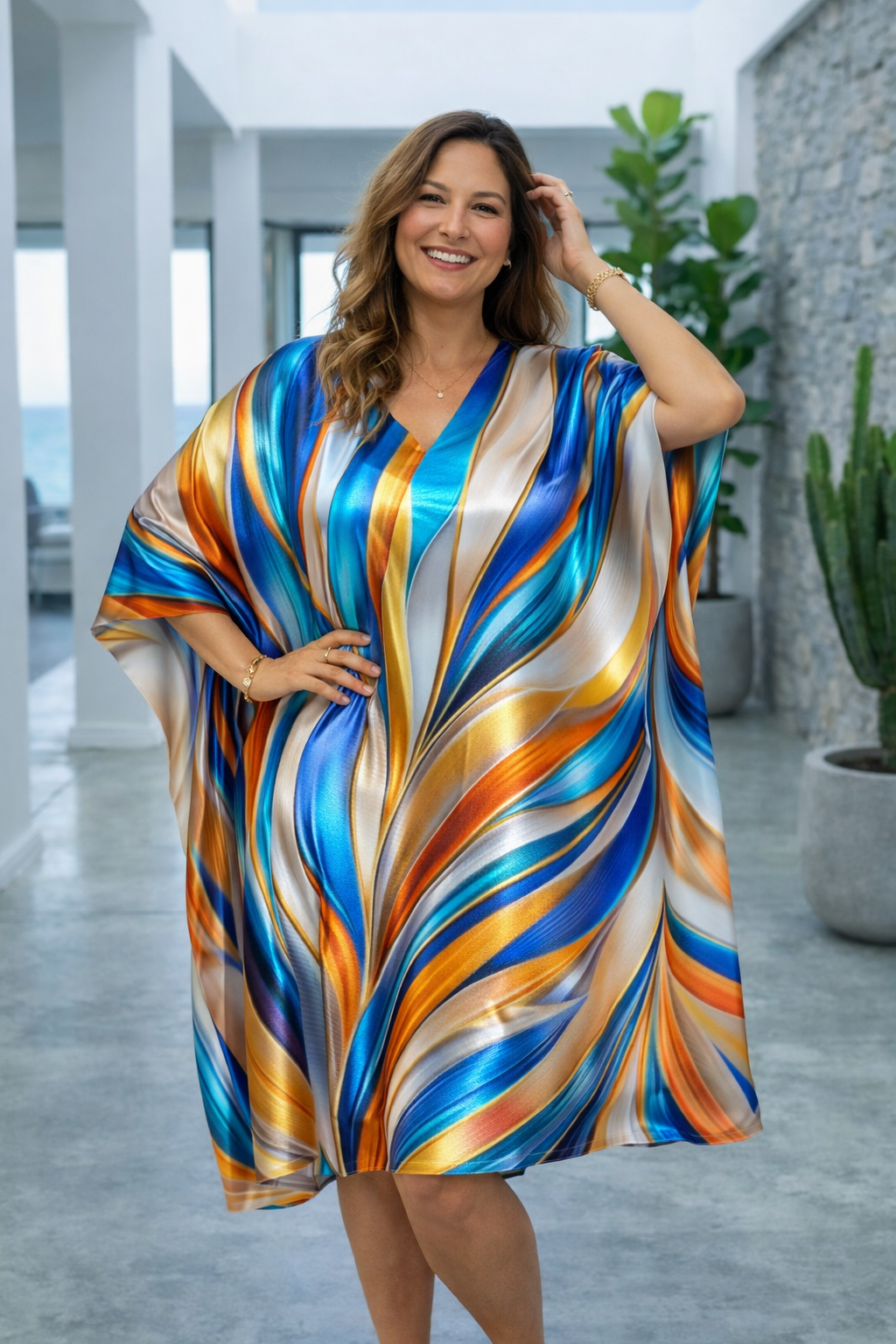 Elegant Abstract Feather Print Blue Kaftan Dress