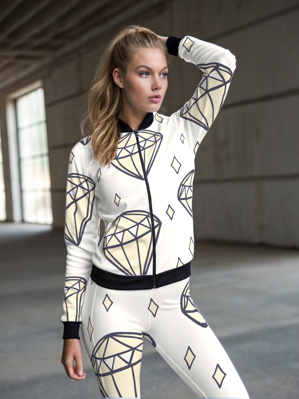 Dazzling Diamond Print Bomber Jacket With Beige Leggings Co Ord Set