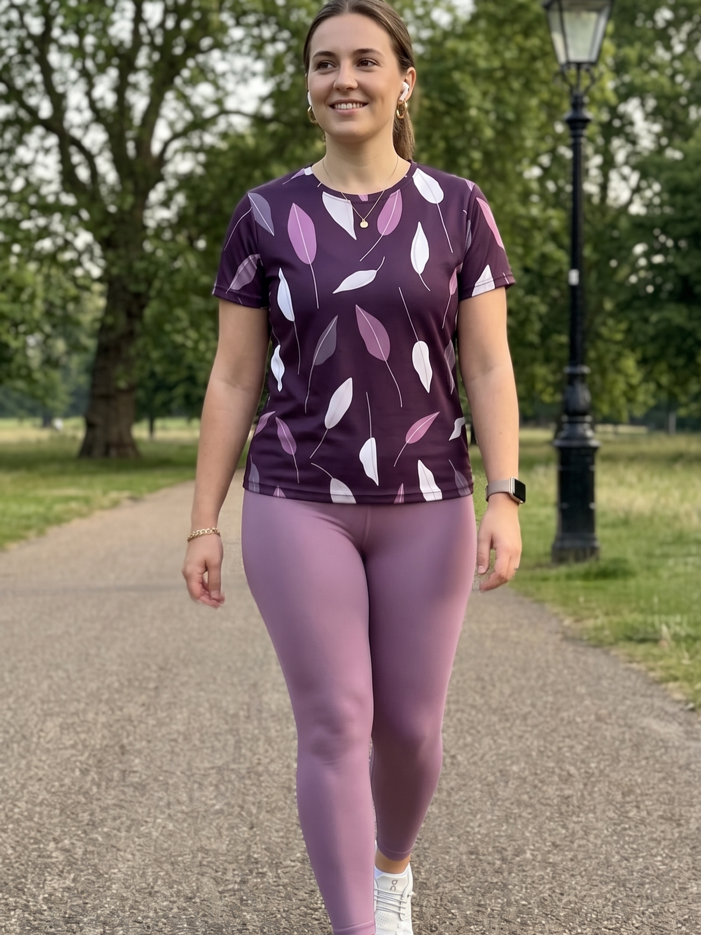 Pleasing Leaf Print | Activewear Coord Set Tshirt With Tummy Tuck Purple Leggings | Multi Sport | Odour Free