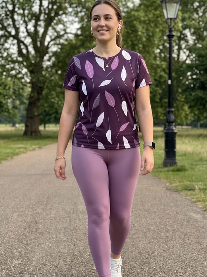Pleasing Leaf Print | Activewear Coord Set Tshirt With Tummy Tuck Purple Leggings | Multi Sport | Odour Free