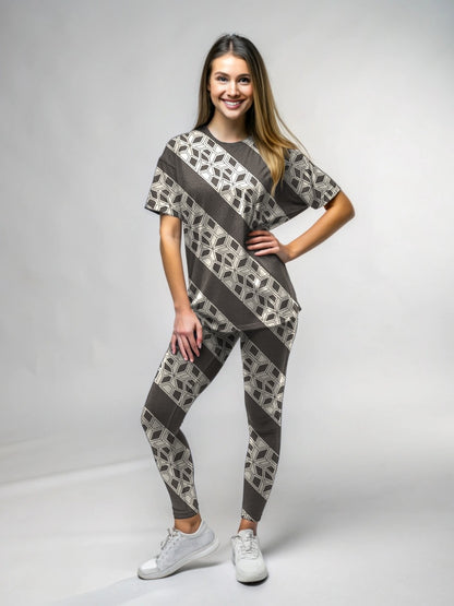 Classy Diagonal Print Premium Oversized Tee With Tummy Tuck Body Shaping Leggings Co-ord Set