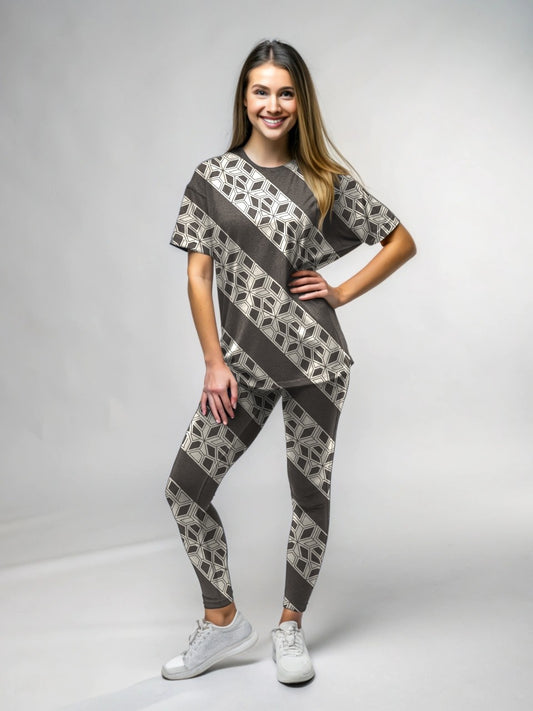 Classy Diagonal Print Premium Oversized Tee With Tummy Tuck Body Shaping Leggings Co-ord Set