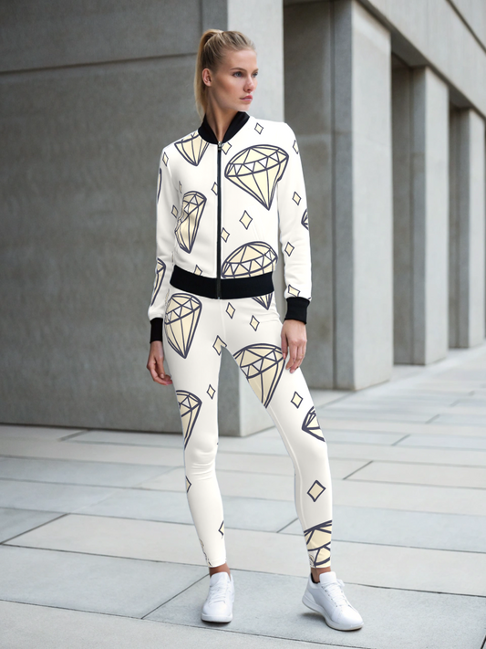 Dazzling Diamond Print Bomber Jacket With Beige Leggings Co Ord Set