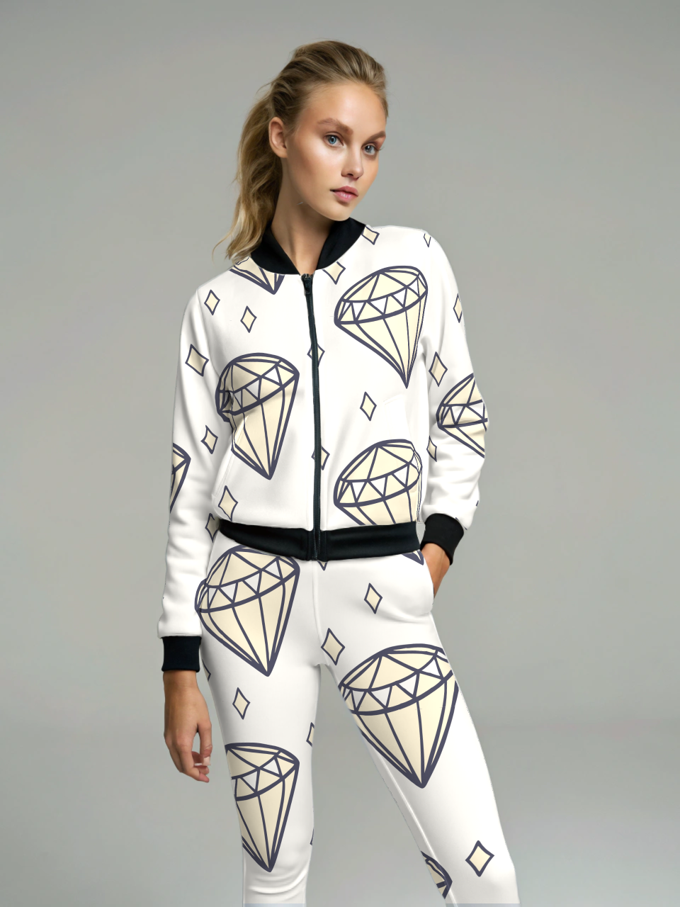 Dazzling Diamond Print Bomber Jacket With Beige Leggings Co Ord Set