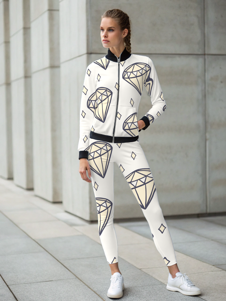 Dazzling Diamond Print Bomber Jacket With Beige Leggings Co Ord Set