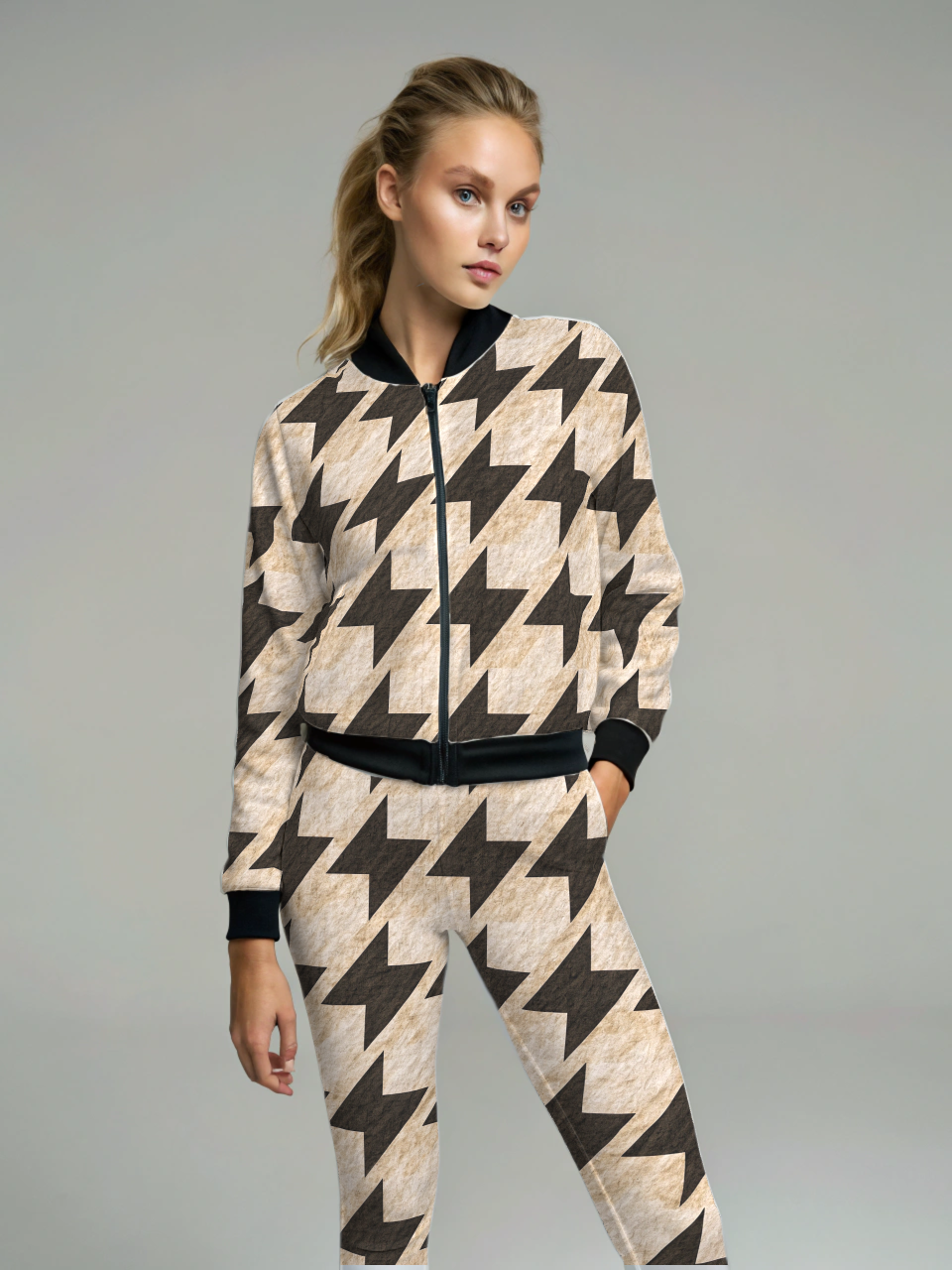 Classy Brown Blaze Print Bomber Jacket With Leggings Co Ord Set