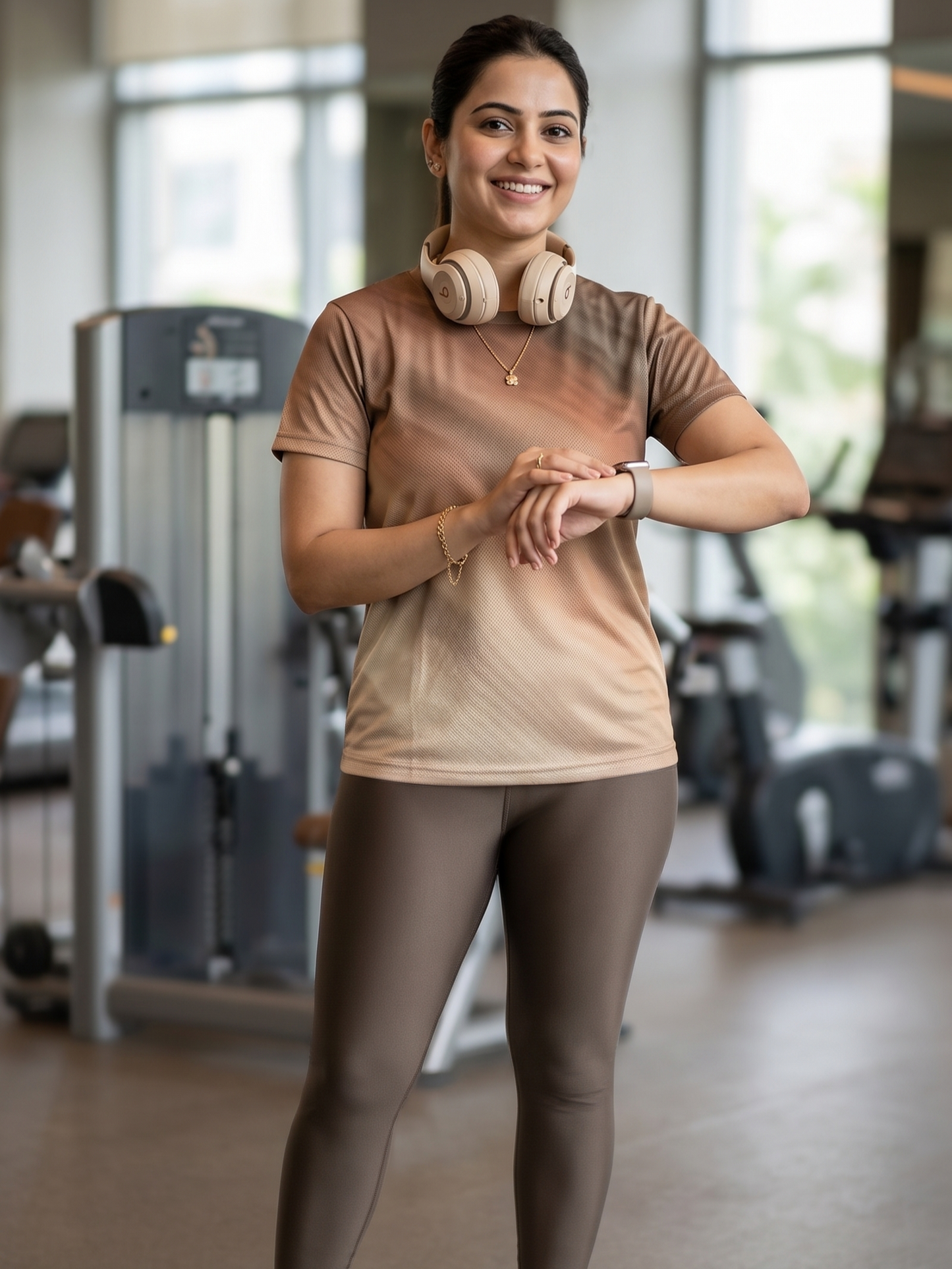 Claasic Lines Print | Activewear Coord Set Tshirt With Tummy Tuck Brown Leggings | Multi Sport | Odour Free