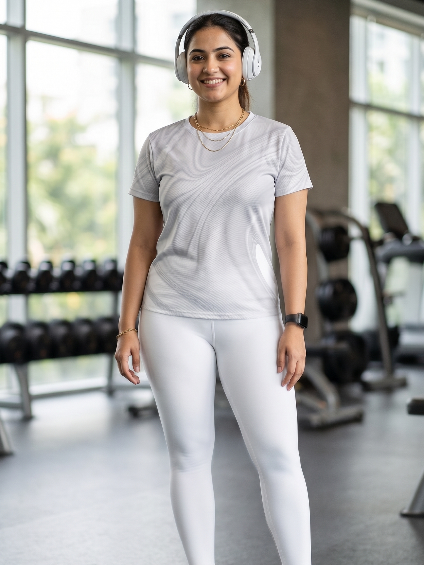 Minimalist Abstract Print | Activewear Coord Set Tshirt With Tummy Tuck White Leggings | Multi Sport | Odour Free