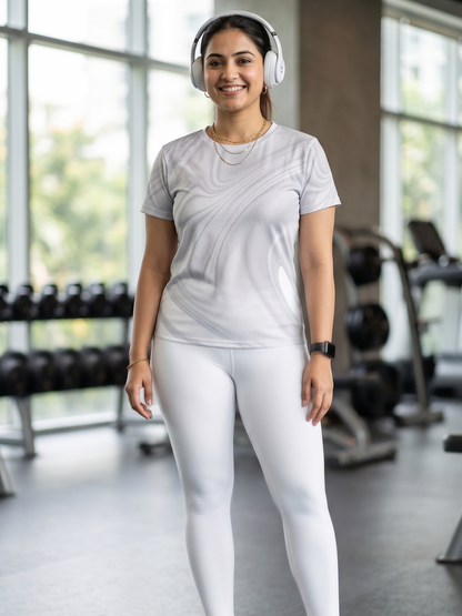 Minimalist Abstract Print | Activewear Coord Set Tshirt With Tummy Tuck White Leggings | Multi Sport | Odour Free