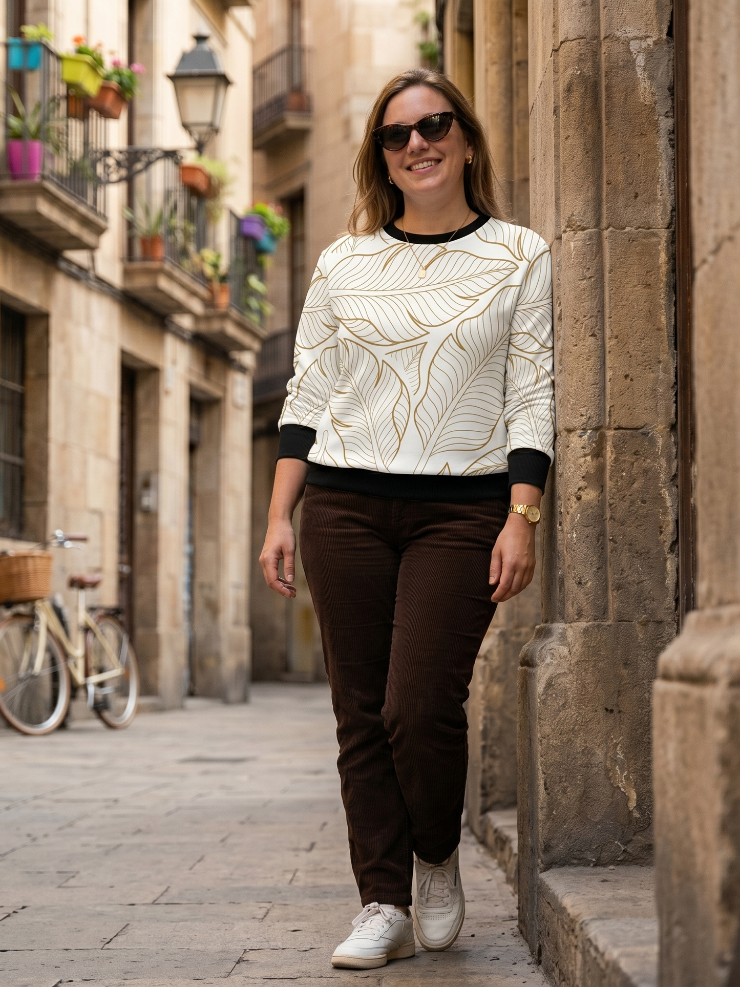 Classy Brown Leaf Print Beige Sweatshirt