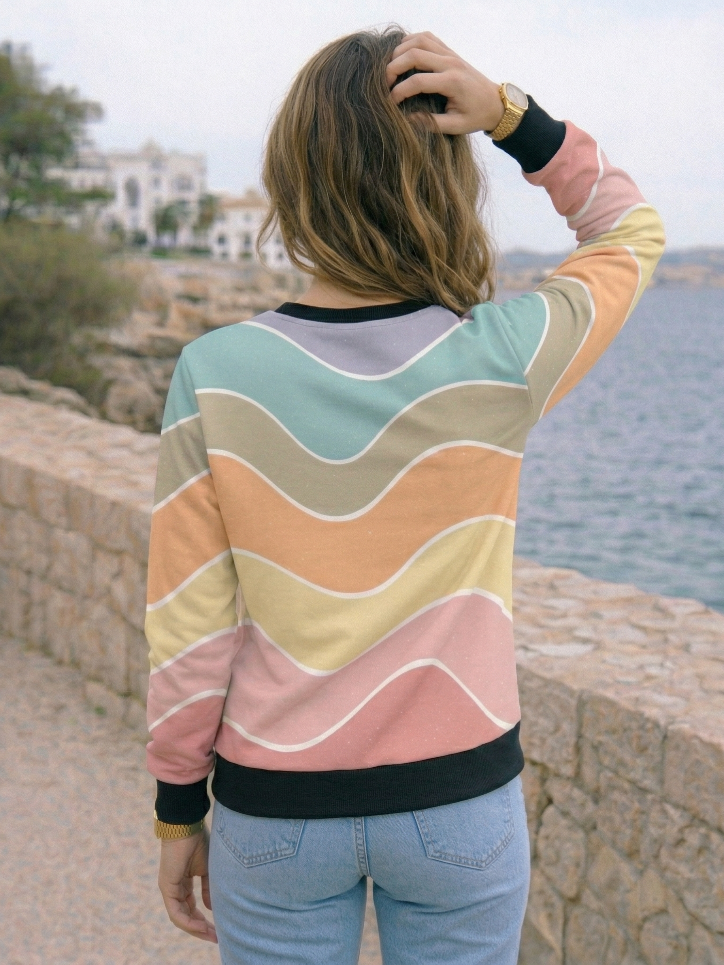 Sweet Pastel Coastal Wave Print Sweatshirt