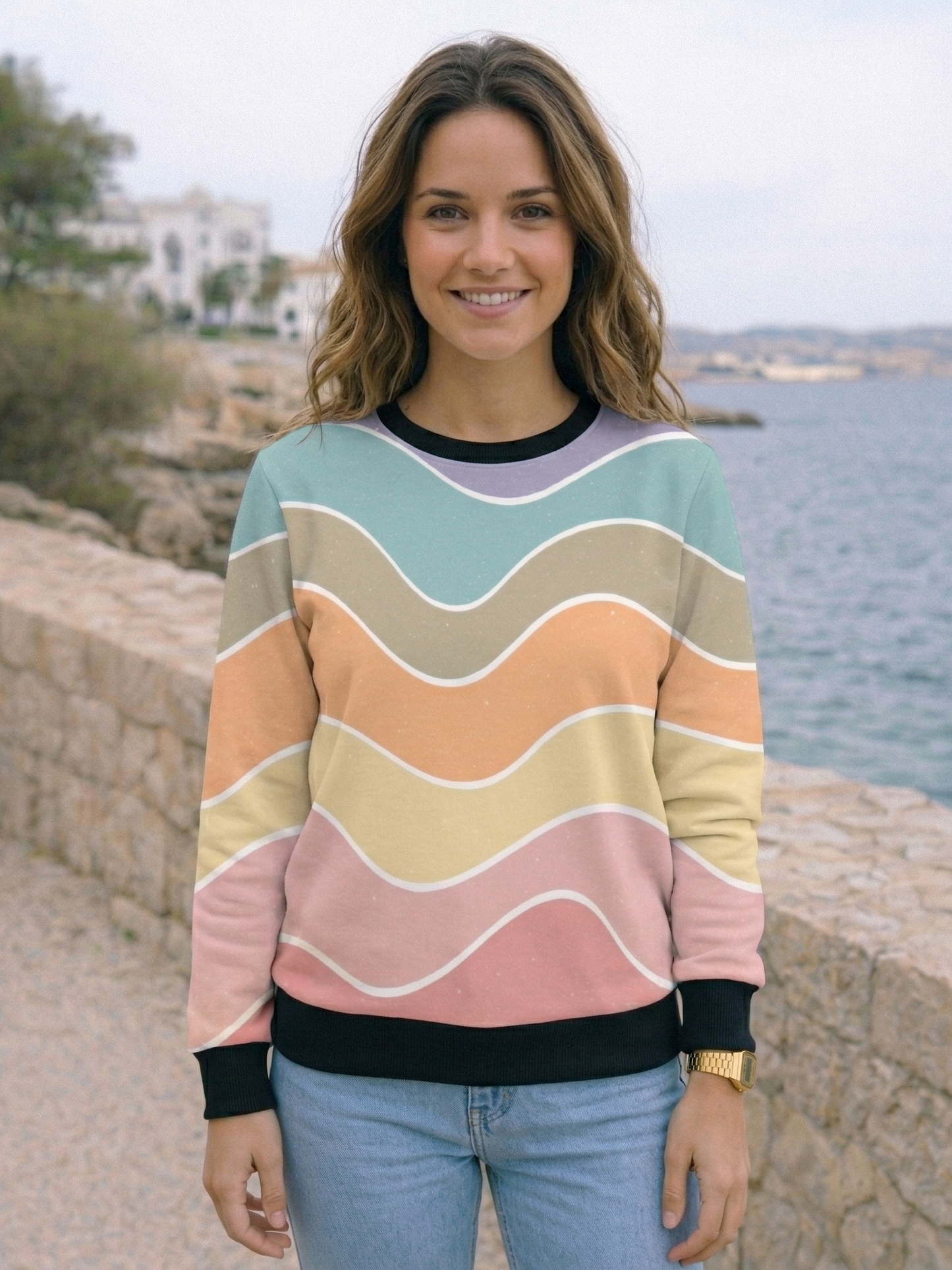 Sweet Pastel Coastal Wave Print Sweatshirt