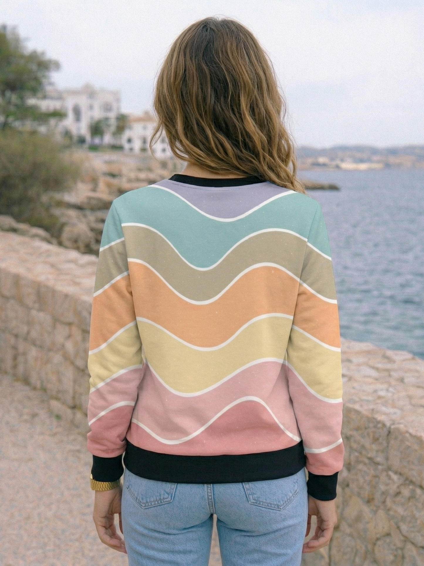 Sweet Pastel Coastal Wave Print Sweatshirt