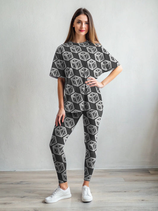 Cool Monochrome Ice Cubes Print Premium Oversized Tee With Tummy Tuck Body Shaping Leggings Co-ord Set