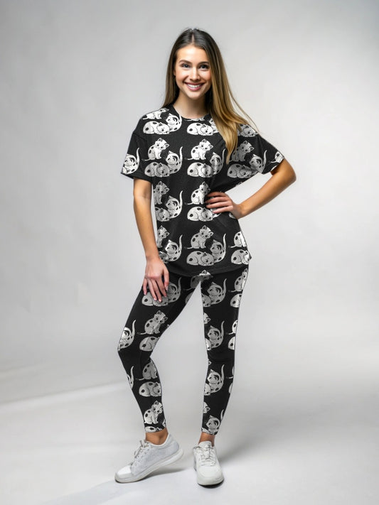 Playful Cute Kittens Print Premium Oversized Tee With Tummy Tuck Body Shaping Leggings Co-ord Set
