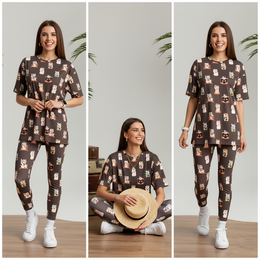 Sweet Japenese Cat Dolls Print Premium Oversized Tee With Tummy Tuck Body Shaping Leggings Co-ord Set